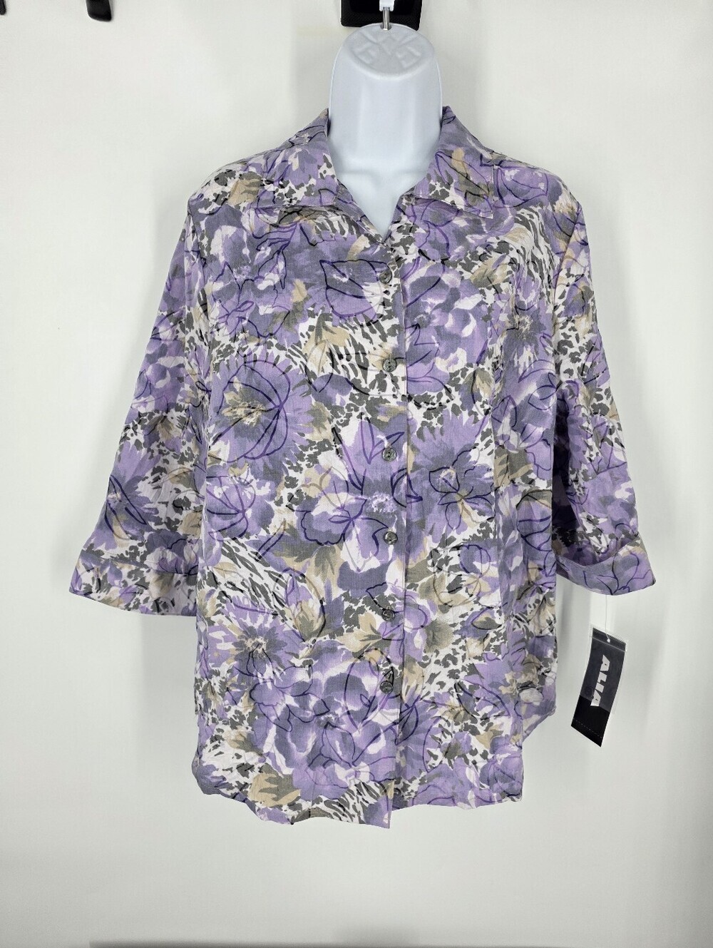 NWT ALIA Abstract Floral Button Front Blouse Purple Multi 3/4 Sleeve Size 10